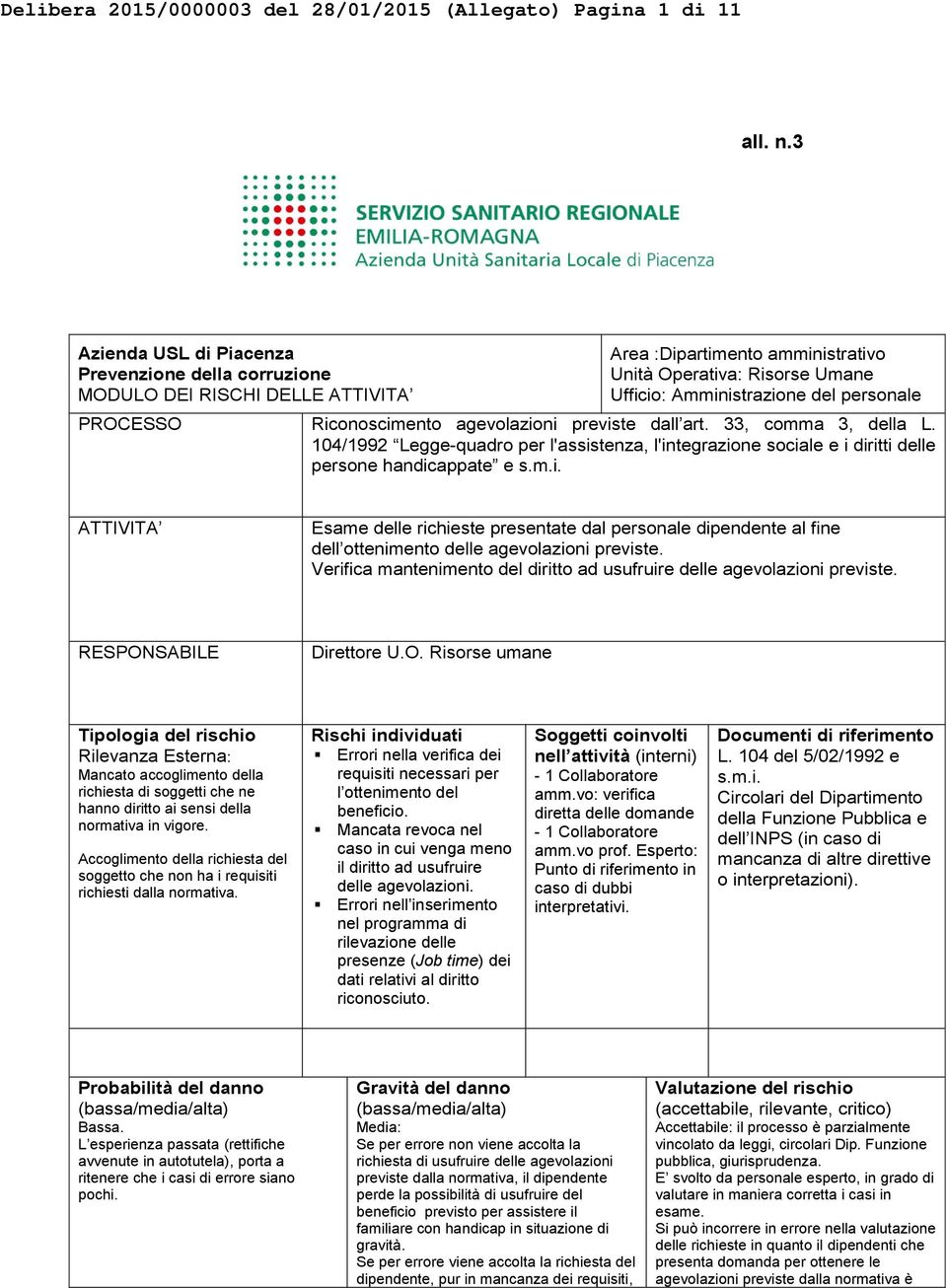 PROCESSO Riconoscimento agevolazioni previste dall art. 33, comma 3, della L. 104/1992 Legge-quadro per l'assistenza, l'integrazione sociale e i diritti delle persone handicappate e s.m.i. ATTIVITA Esame delle richieste presentate dal personale dipendente al fine dell ottenimento delle agevolazioni previste.