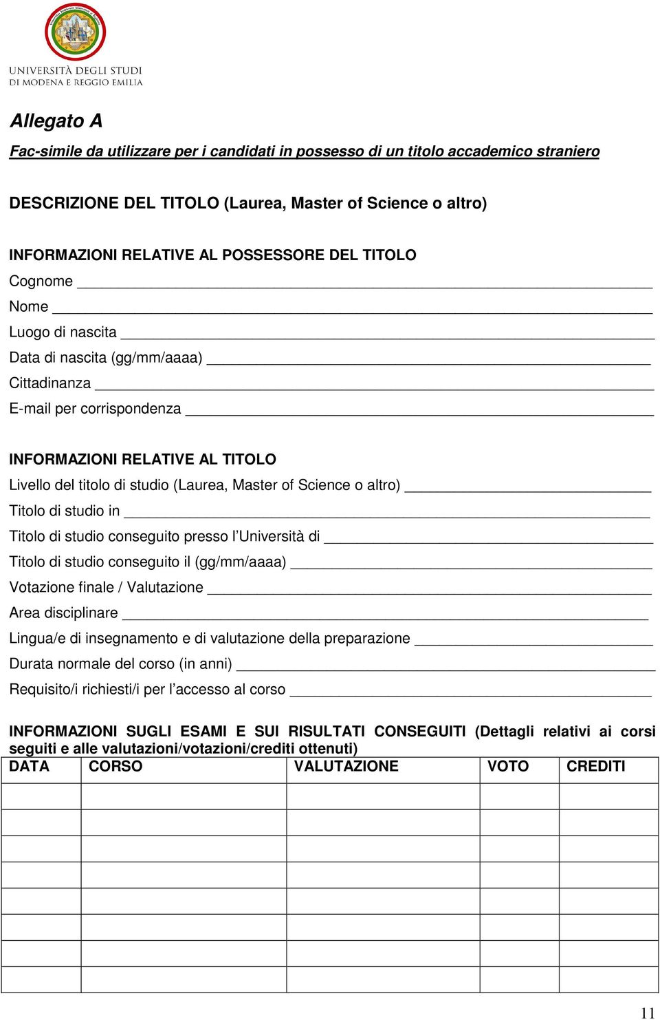 altro) Titolo di studio in Titolo di studio conseguito presso l Università di Titolo di studio conseguito il (gg/mm/aaaa) Votazione finale / Valutazione Area disciplinare Lingua/e di insegnamento e