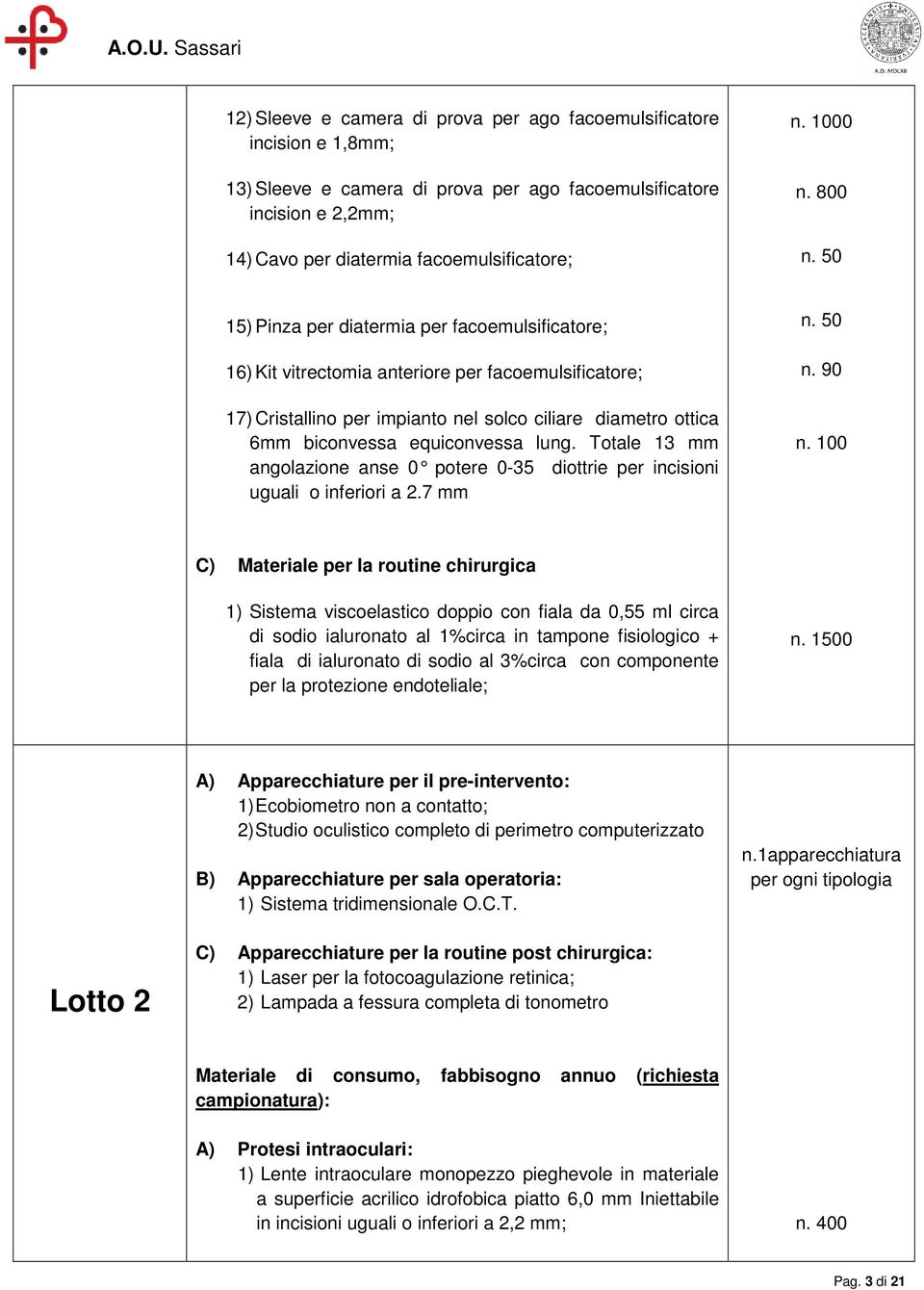 800 15) Pinza per diatermia per facoemulsificatore; 16) Kit vitrectomia anteriore per facoemulsificatore; 17) Cristallino per impianto nel solco ciliare diametro ottica 6mm biconvessa equiconvessa