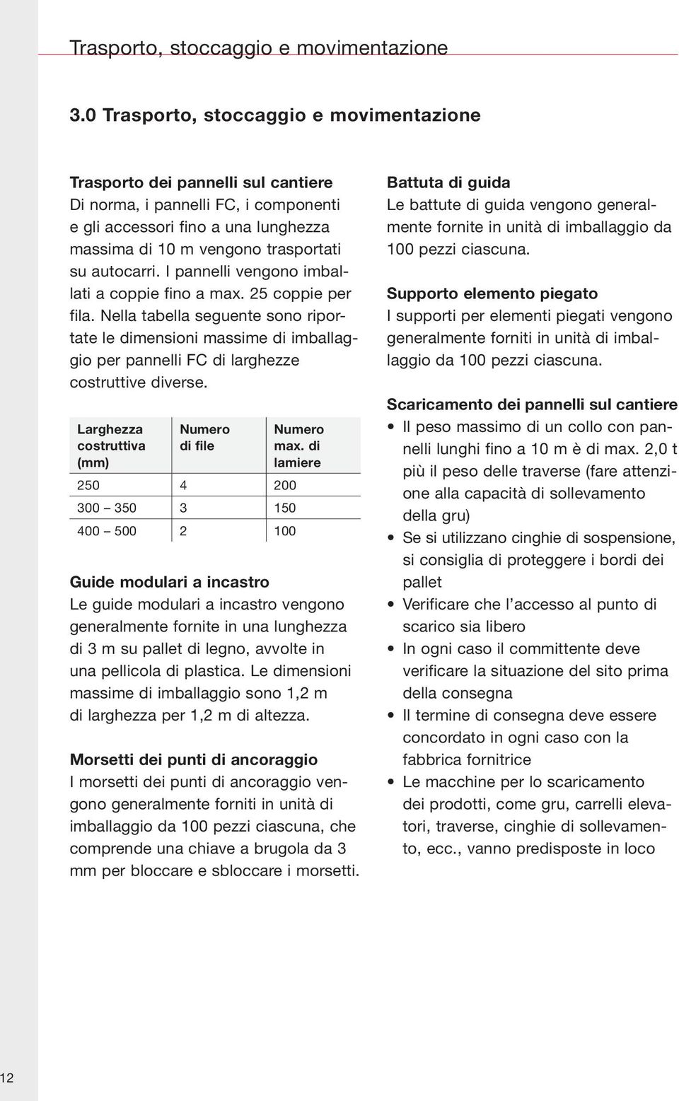 autocarri. I pannelli vengono imballati a coppie fino a max. 25 coppie per fila.