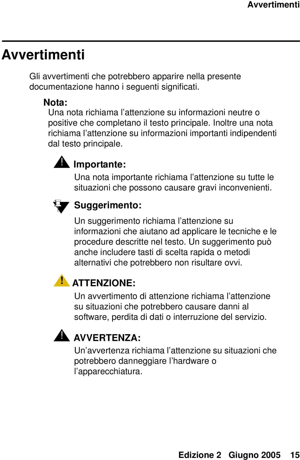 Inoltre una nota richiama l attenzione su informazioni importanti indipendenti dal testo principale. Importante: Suggerimento: AVVERTENZA: ATTENZIONE:!