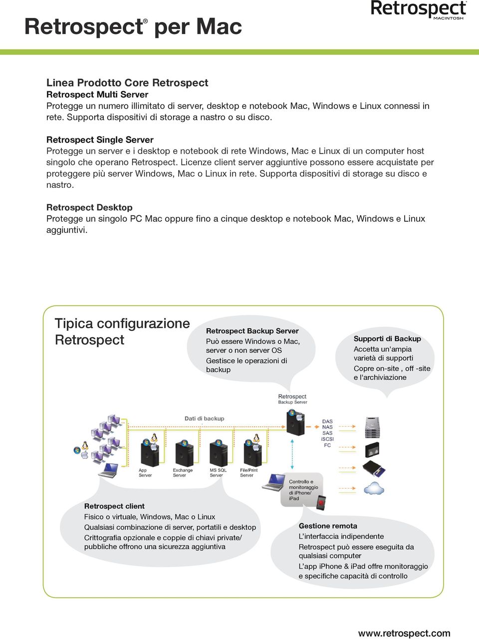 Licenze client server aggiuntive possono essere acquistate per proteggere più server Windows, Mac o Linux in rete. Supporta dispositivi di storage su disco e nastro.