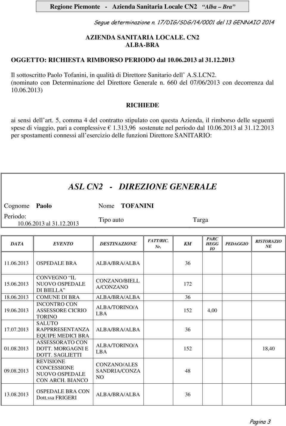 5, comma 4 del contratto stipulato con questa Azienda, il rimborso delle seguenti spese di viaggio, pari a complessive 1.313,96 sostenute nel periodo dal 10.06.2013 al 31.12.