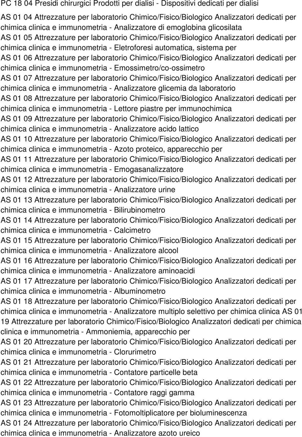 automatica, sistema per AS 01 06 Attrezzature per laboratorio Chimico/Fisico/Biologico Analizzatori dedicati per chimica clinica e immunometria - Emossimetro/co-ossimetro AS 01 07 Attrezzature per