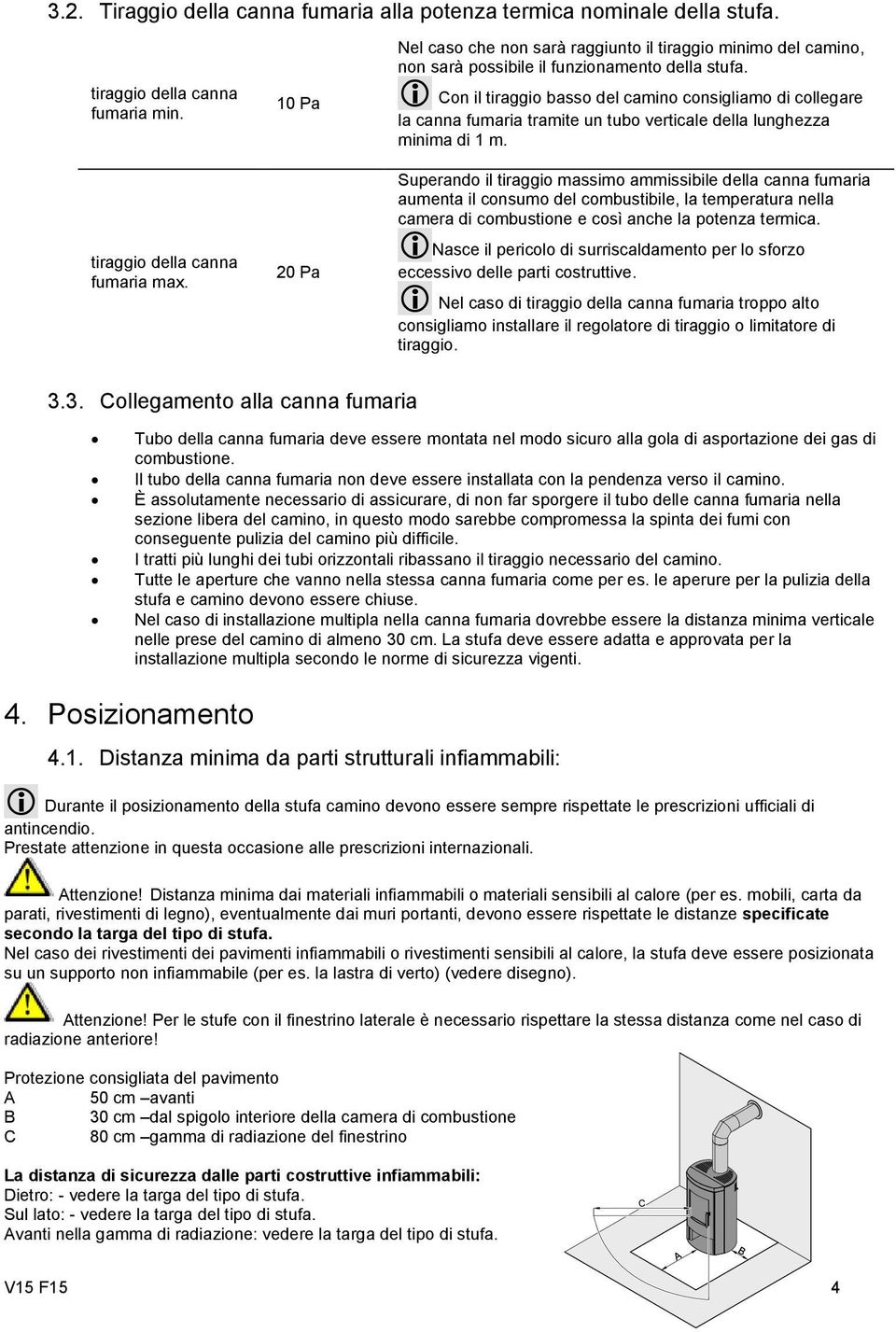 Con il tiraggio basso del camino consigliamo di collegare la canna fumaria tramite un tubo verticale della lunghezza minima di 1 m.