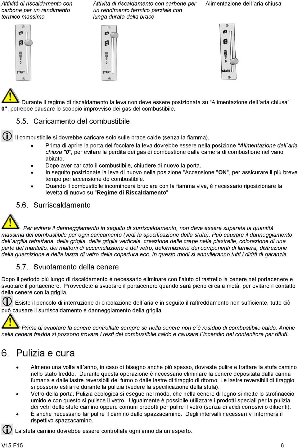 5. Caricamento del combustibile Il combustibile si dovrebbe caricare solo sulle brace calde (senza la fiamma).