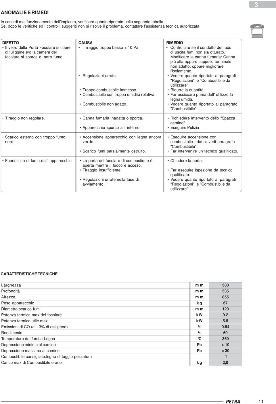 DIFETTO Il vetro della Porta Focolare si copre di fuliggine e/o la camera del focolare si sporca di nero fumo. Tiraggio non regolare. Scarico esterno con troppo fumo nero.