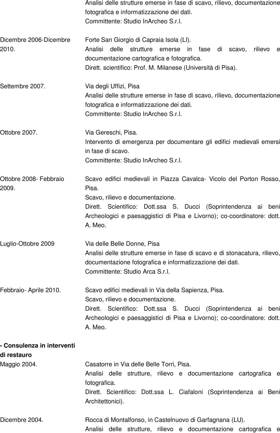 Via degli Uffizi, Pisa Analisi delle strutture emerse in fase di scavo, rilievo, documentazione fotografica e informatizzazione dei dati. Committente: Studio InArcheo S.r.l. Ottobre 2007.