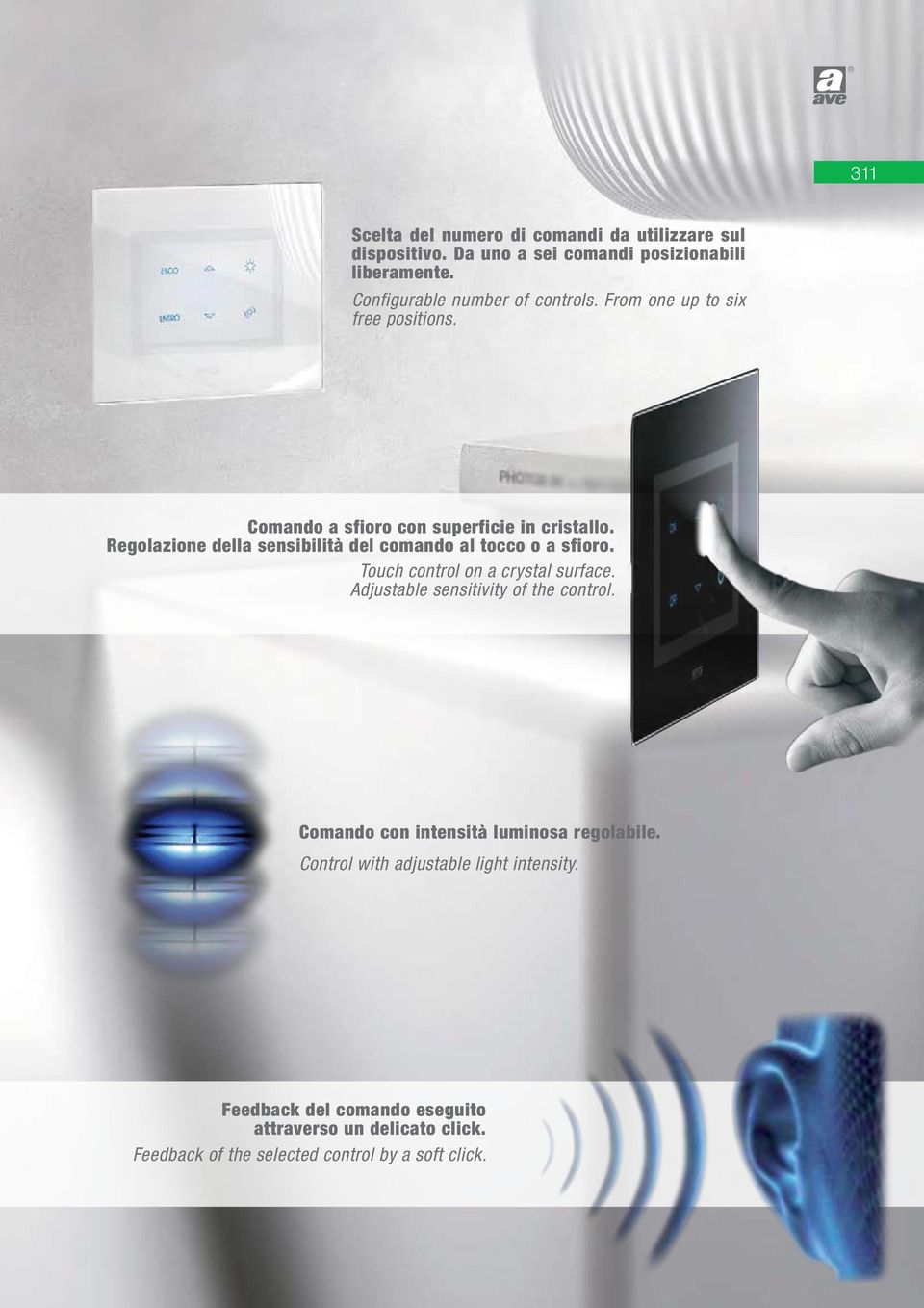 Divisione Sicurezza Safety-Security Domotica Comando con intensità luminosa regolabile. Control with adjustable light intensity. Feedback del comando eseguito attraverso un delicato click.