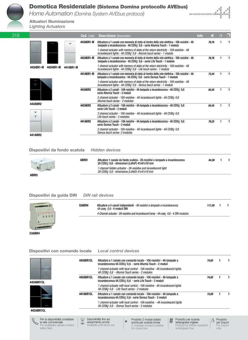 Touch - 1 modulo 1 channel actuator with memory of state at the return electricity - 10A resistive - 4A incandescent lights - 4A COSϕ 0,6 - Allumia touch series - 1 module 442ABR1-M Attuatore a 1