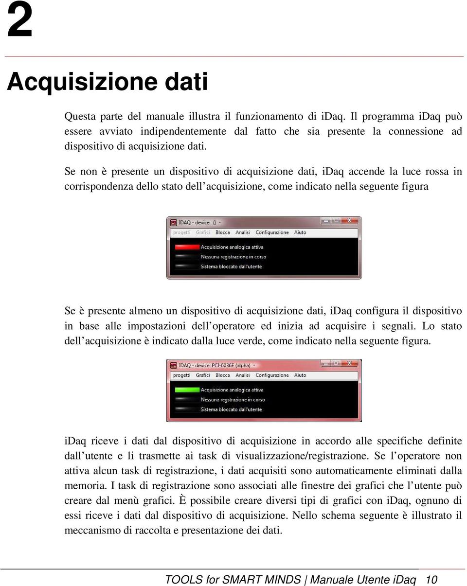 Se non è presente un dispositivo di acquisizione dati, idaq accende la luce rossa in corrispondenza dello stato dell acquisizione, come indicato nella seguente figura Se è presente almeno un