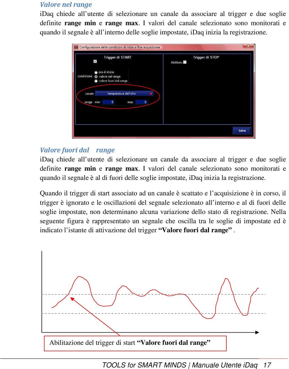 Valore fuori dal range idaq chiede all utente di selezionare un canale da associare al trigger e due soglie definite range min e range max.