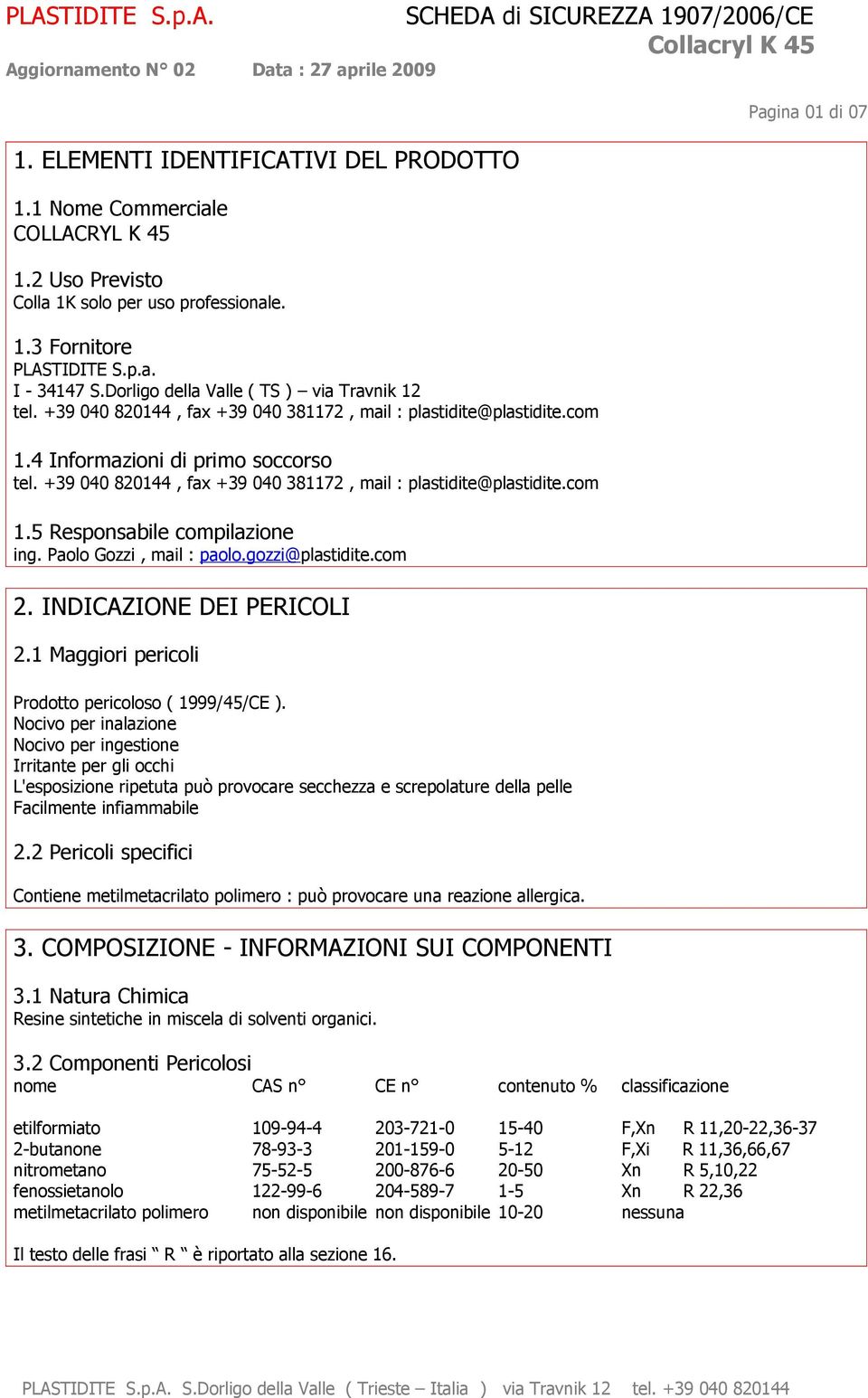 +39 040 820144, fax +39 040 381172, mail : plastidite@plastidite.com 1.5 Responsabile compilazione ing. Paolo Gozzi, mail : paolo.gozzi@plastidite.com 2. INDICAZIONE DEI PERICOLI 2.