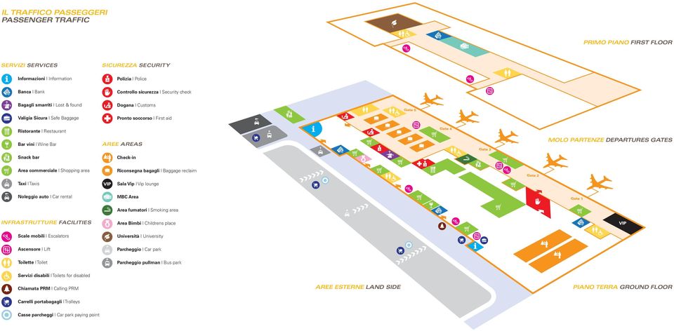 Car rental AREE AREAS Check-in Riconsegna bagagli Baggage reclaim Sala Vip Vip lounge MBC Area MOLO PARTENZE DEPARTURES GATES Area fumatori Smoking area INFRASTRUTTURE FACILITIES Scale mobili