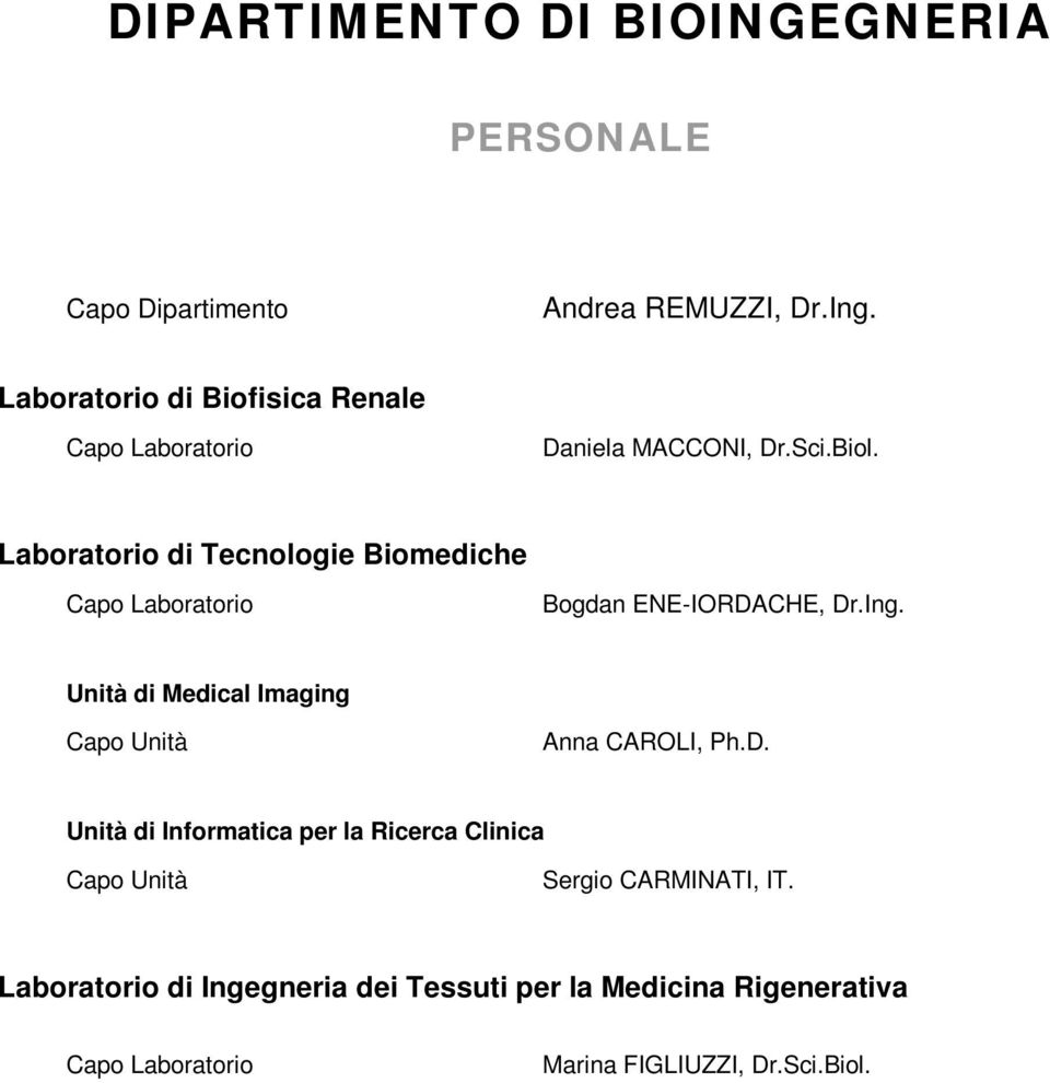 Laboratorio di Tecnologie Biomediche Capo Laboratorio Bogdan ENE-IORDACHE, Dr.Ing.