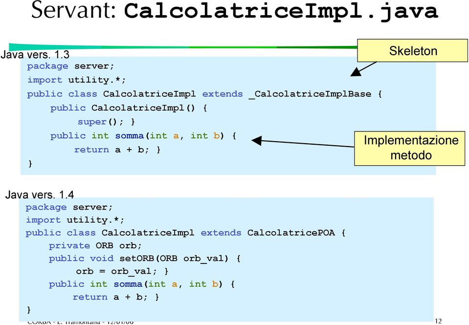 somma(int a, int b) { return a + b; } Skeleton Implementazione metodo Java vers. 1.4 package server; import utility.