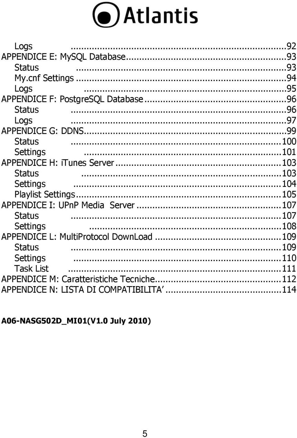 .. 104 Playlist Settings... 105 APPENDICE I: UPnP Media Server... 107 Status... 107 Settings... 108 APPENDICE L: MultiProtocol DownLoad.