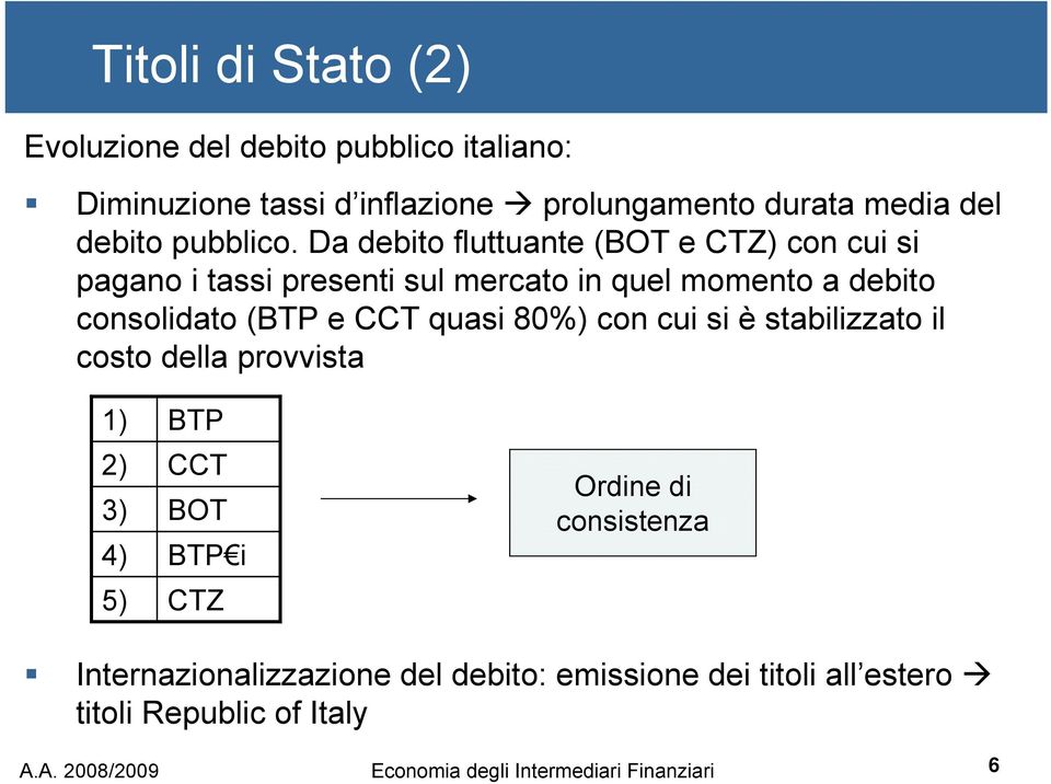 Da debito fluttuante (BOT e CTZ) con cui si pagano i tassi presenti sul mercato in quel momento a debito consolidato (BTP e CCT quasi