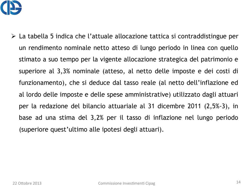 (al netto dell inflazione ed al lordo delle imposte e delle spese amministrative) utilizzato dagli attuari per la redazione del bilancio attuariale al 31 dicembre 2011