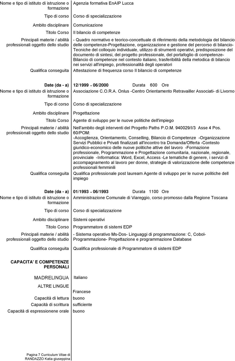 portafoglio di competenze- Bilancio di competenze nel contesto italiano, trasferibilità della metodica di bilancio nei servizi all'impiego, professionalità degli operatori Attestazione di frequenza