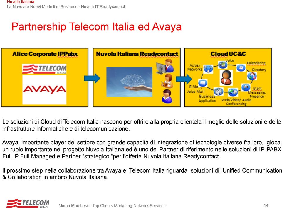 Avaya, importante player del settore con grande capacità di integrazione di tecnologie diverse fra loro, gioca un ruolo importante nel progetto Nuvola Italiana ed è uno dei Partner