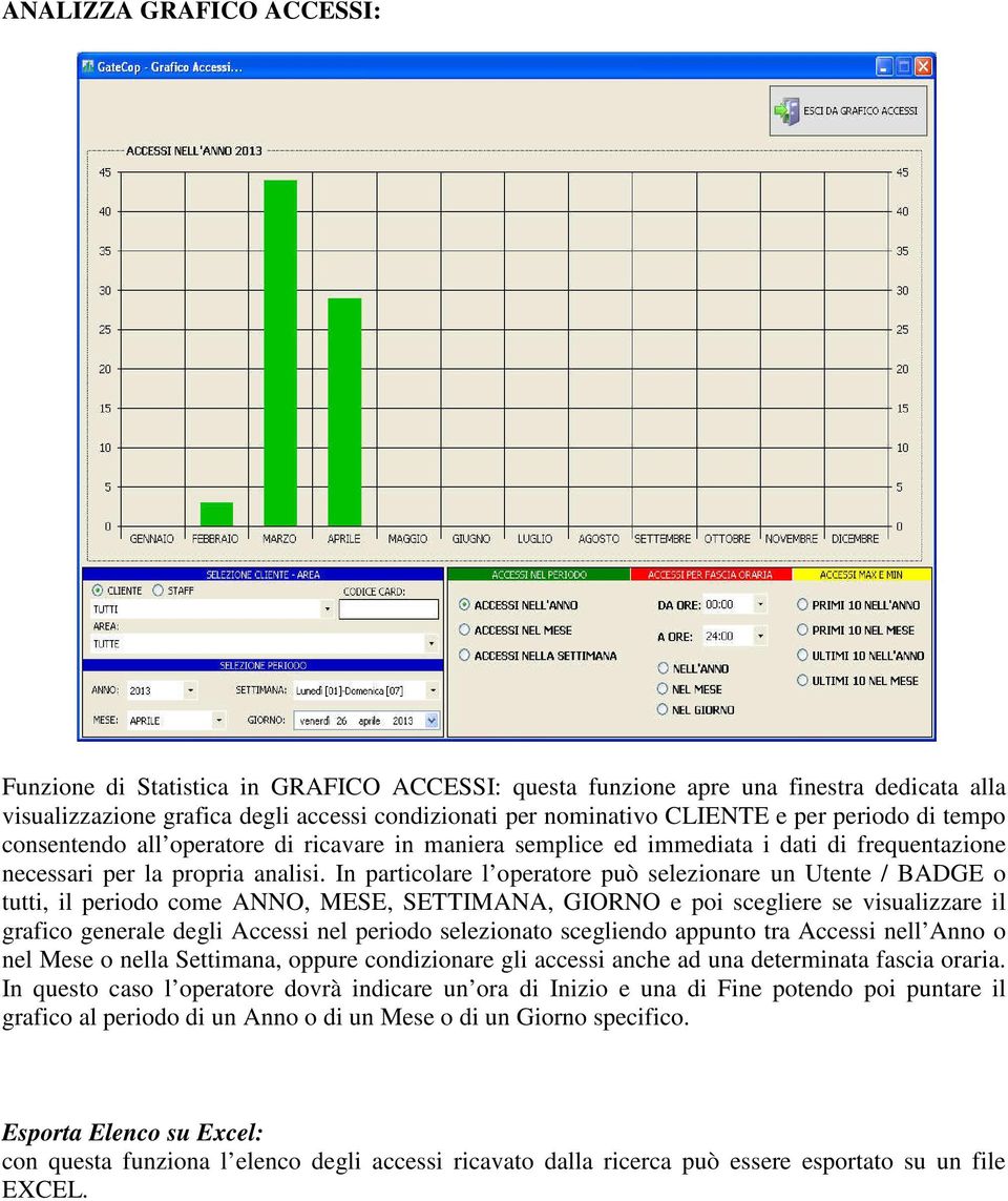 In particolare l operatore può selezionare un Utente / BADGE o tutti, il periodo come ANNO, MESE, SETTIMANA, GIORNO e poi scegliere se visualizzare il grafico generale degli Accessi nel periodo