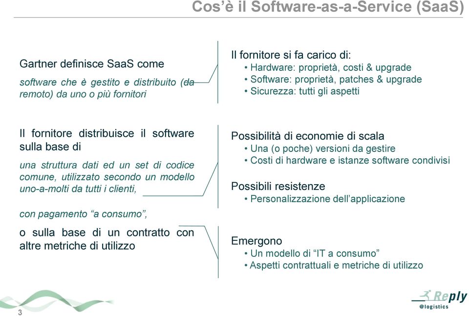 utilizzo Il fornitore si fa carico di: Hardware: proprietà, costi & upgrade Software: proprietà, patches & upgrade Sicurezza: tutti gli aspetti Possibilità di economie di scala Una (o poche)