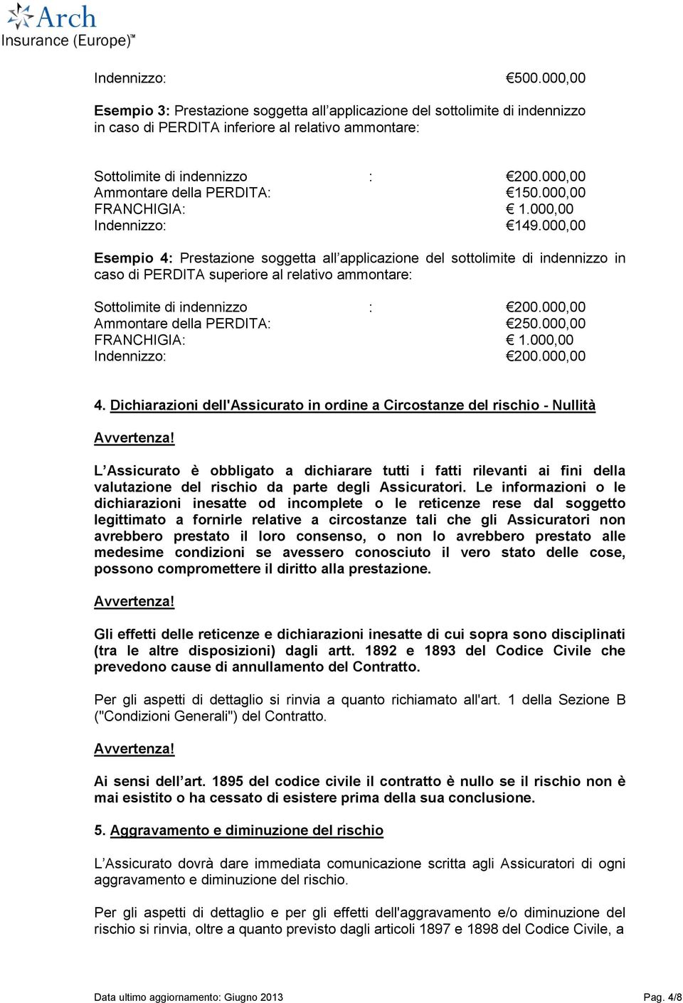 000,00 Esempio 4: Prestazione soggetta all applicazione del sottolimite di indennizzo in caso di PERDITA superiore al relativo ammontare: Sottolimite di indennizzo : 200.