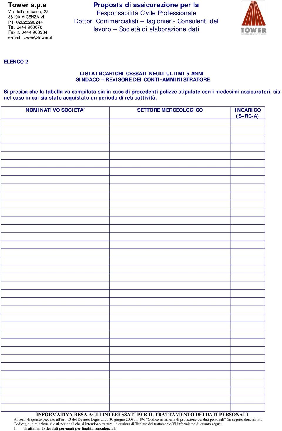 NOMINATIVO SOCIETA SETTORE MERCEOLOGICO INCARICO (S RC-A) INFORMATIVA RESA AGLI INTERESSATI PER IL TRATTAMENTO DEI DATI PERSONALI Ai sensi di quanto previsto all art.