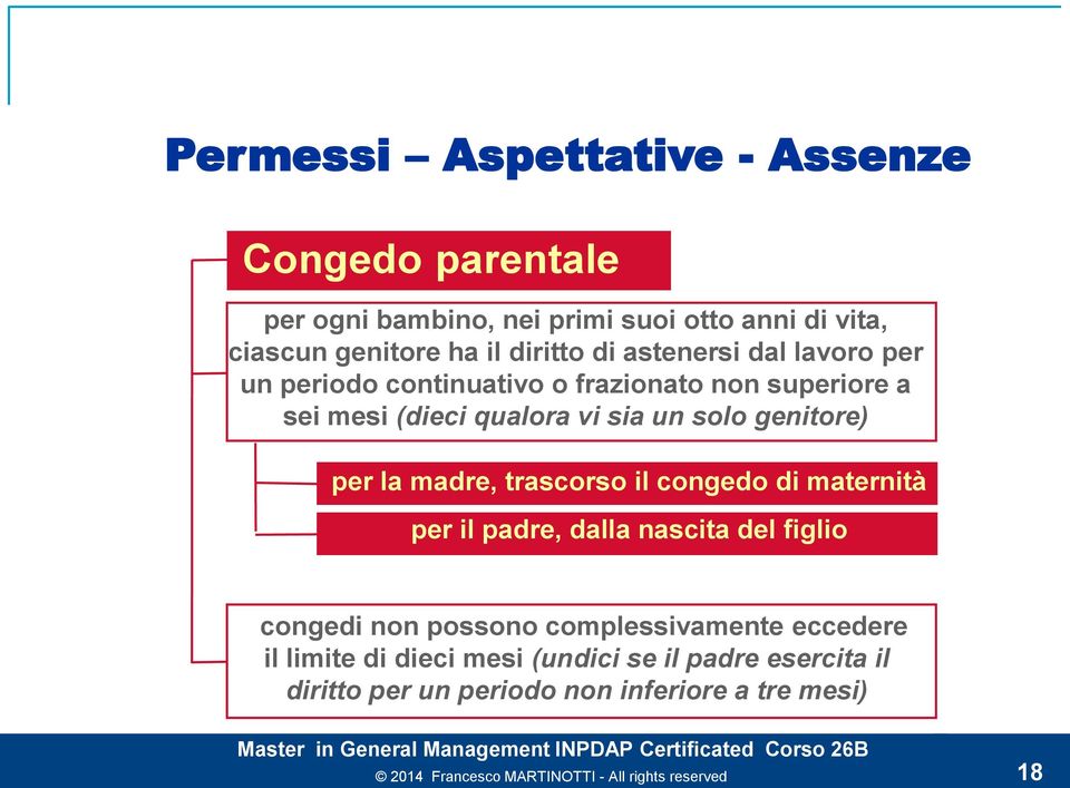 solo genitore) per la madre, trascorso il congedo di maternità per il padre, dalla nascita del figlio i congedi non possono