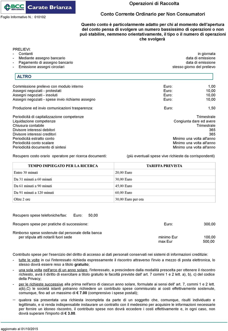 Produzione ed invio comunicazioni trasparenza: Euro: 1,50 Periodicità di capitalizzazione competenze Trimestrale Liquidazione competenze Congiunta dare ed avere Chiusura contabile Trimestrale