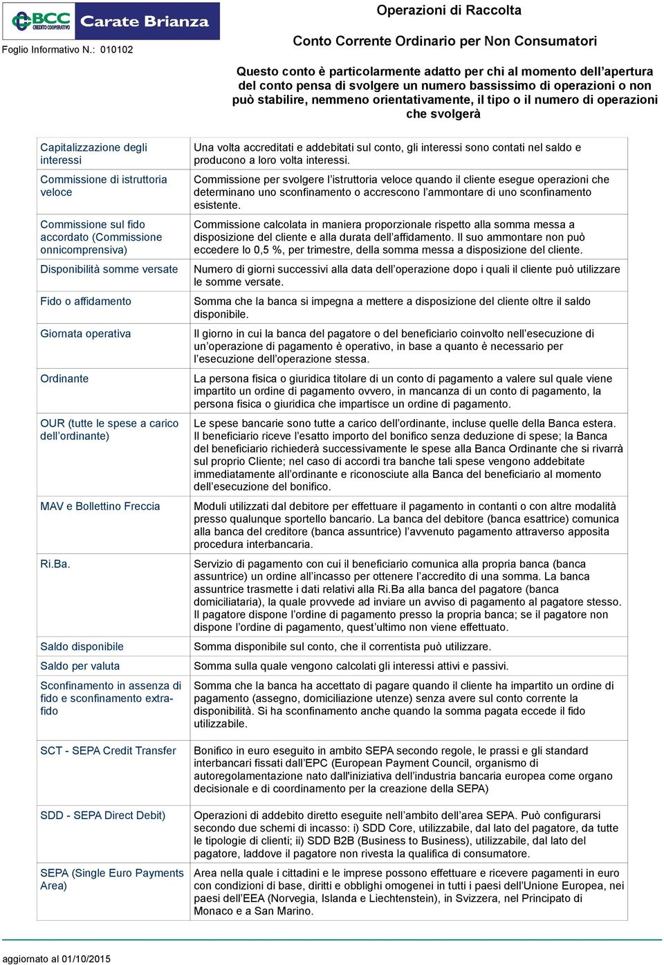 Saldo disponibile Saldo per valuta Sconfinamento in assenza di fido e sconfinamento extrafido SCT - SEPA Credit Transfer SDD - SEPA Direct Debit) SEPA (Single Euro Payments Area) Una volta