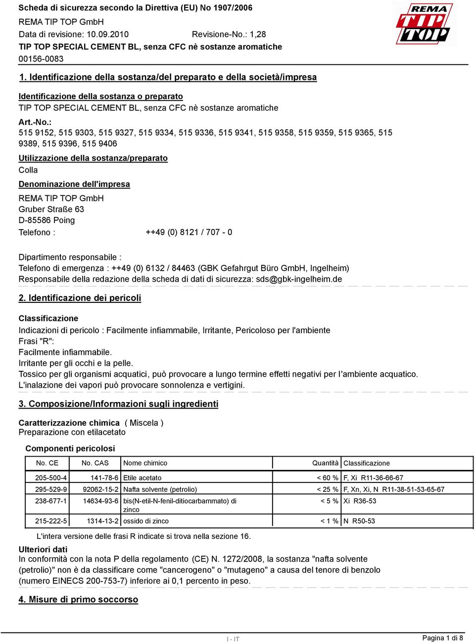 D-85586 Poing Telefono : ++49 (0) 8121 / 707-0 Dipartimento responsabile : Telefono di emergenza : ++49 (0) 612 / 8446 (GBK Gefahrgut Büro GmbH, Ingelheim) Responsabile della redazione della scheda