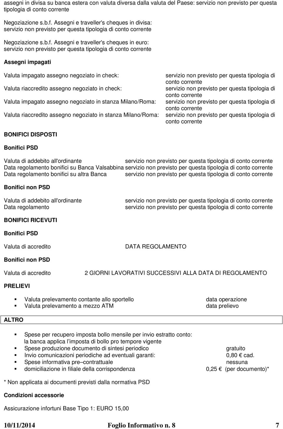 Milano/Roma: Valuta riaccredito assegno negoziato in stanza Milano/Roma: BONIFICI DISPOSTI Bonifici PSD Valuta di addebito all'ordinante Data regolamento bonifici su Banca Valsabbina Data regolamento