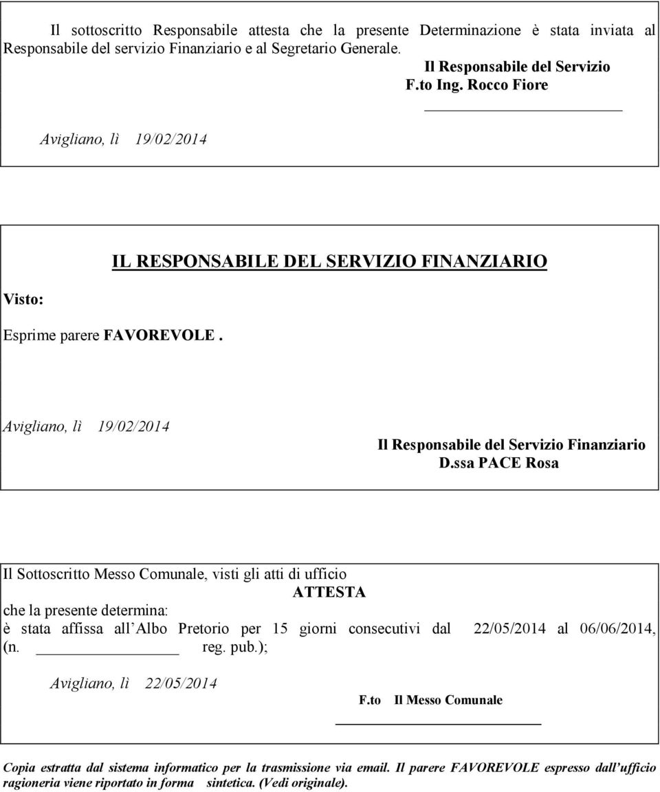 ssa PACE Rosa Il Sottoscritto Messo Comunale, visti gli atti di ufficio ATTESTA che la presente determina: è stata affissa all Albo Pretorio per 15 giorni consecutivi dal 22/05/2014 al 06/06/2014, (n.