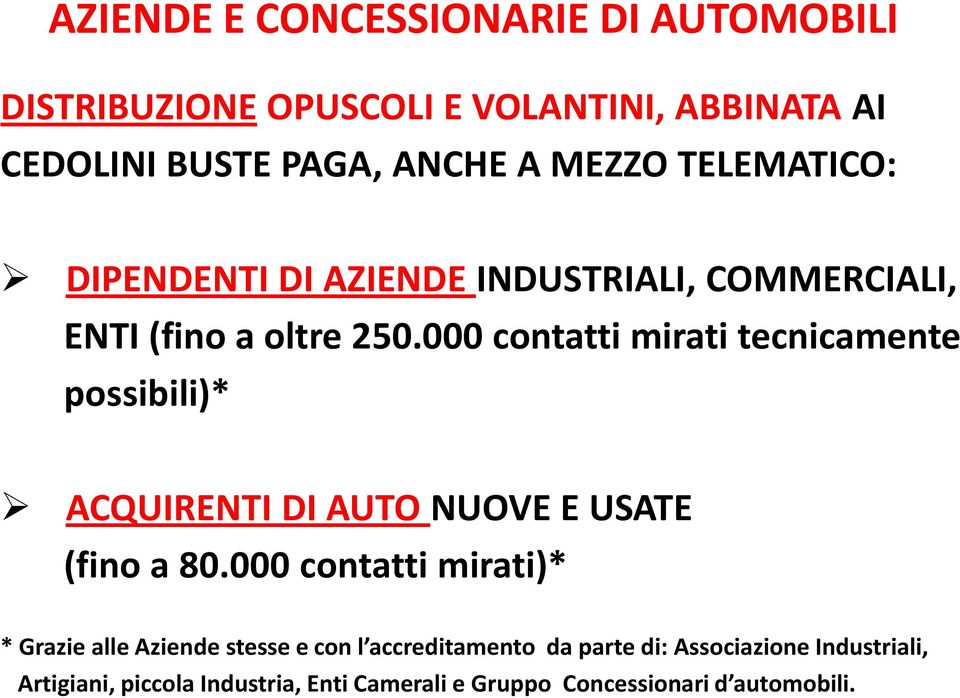 000 contatti mirati tecnicamente possibili)* ACQUIRENTI DI AUTO NUOVE E USATE (fino a 80.