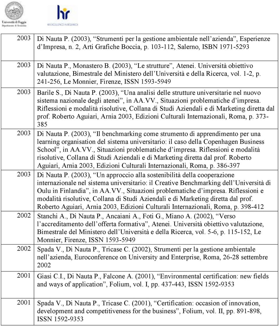 , Di Nauta P. (2003), Una analisi delle strutture universitarie nel nuovo sistema nazionale degli atenei, in AA.VV., Situazioni problematiche d impresa.