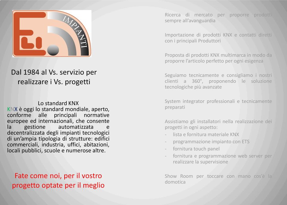 tecnologici di un ampia tipologia di strutture: edifici commerciali, industria, uffici, abitazioni, locali pubblici, scuole e numerose altre.