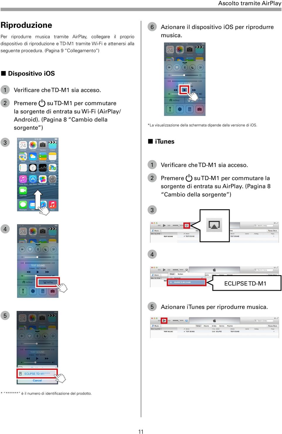 2 Premere su TD-M1 per commutare la sorgente di entrata su Wi-Fi (AirPlay/ Android). (Pagina 8 Cambio della sorgente ) 3 *La visualizzazione della schermata dipende dalla versione di ios.