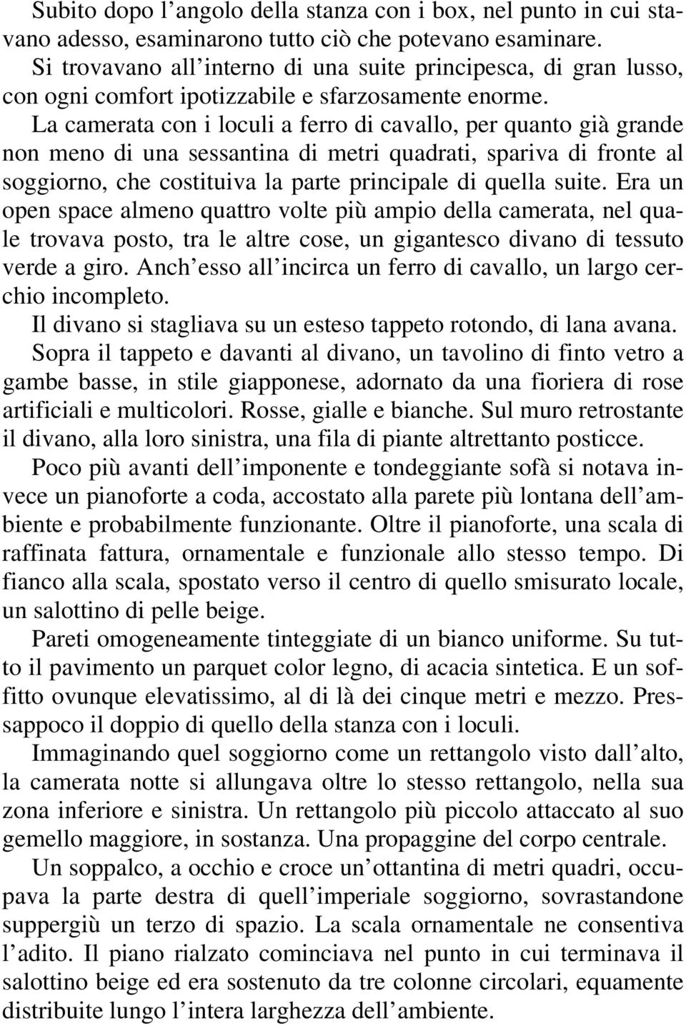 La camerata con i loculi a ferro di cavallo, per quanto già grande non meno di una sessantina di metri quadrati, spariva di fronte al soggiorno, che costituiva la parte principale di quella suite.