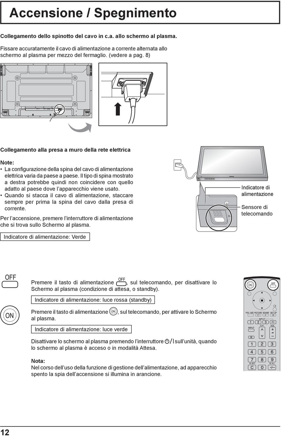 8) Collegamento alla presa a muro della rete elettrica La configurazione della spina del cavo di alimentazione elettrica varia da paese a paese.