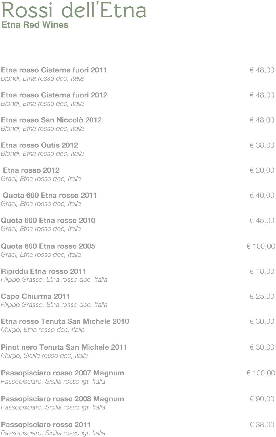 rosso 2010 45,00 Graci, Etna rosso doc, Italia Quota 600 Etna rosso 2005 100,00 Graci, Etna rosso doc, Italia Ripiddu Etna rosso 2011 18,00 Filippo Grasso, Etna rosso doc, Italia Capo Chiurma 2011