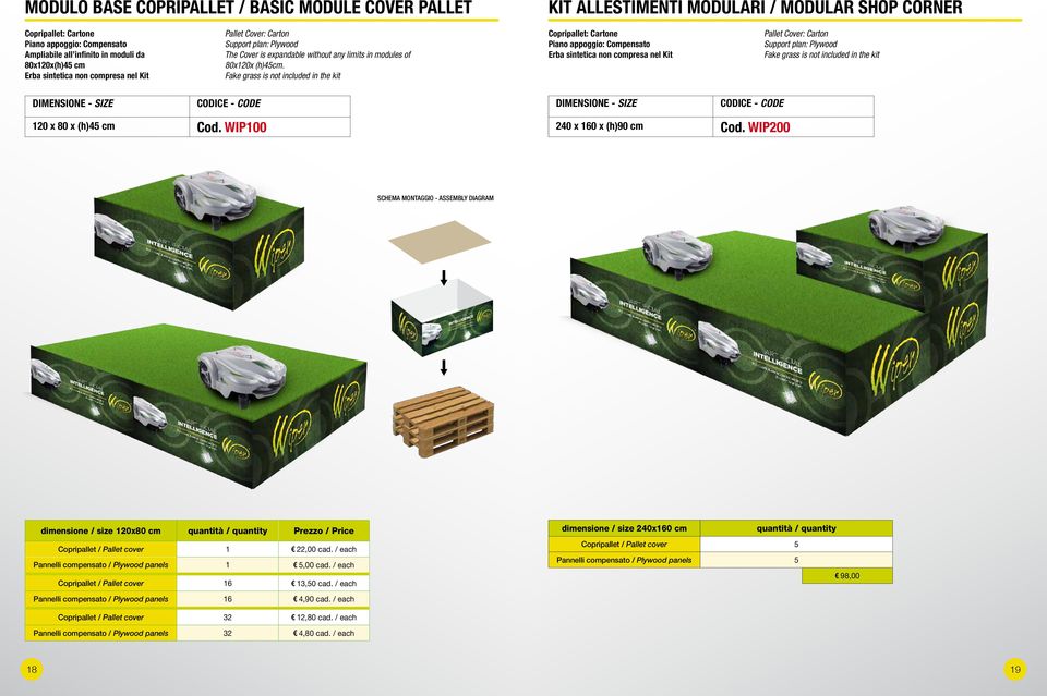 Fake grass is not included in the kit Copripallet: Cartone Piano appoggio: Compensato Erba sintetica non compresa nel Kit Pallet Cover: Carton Support plan: Plywood Fake grass is not included in the