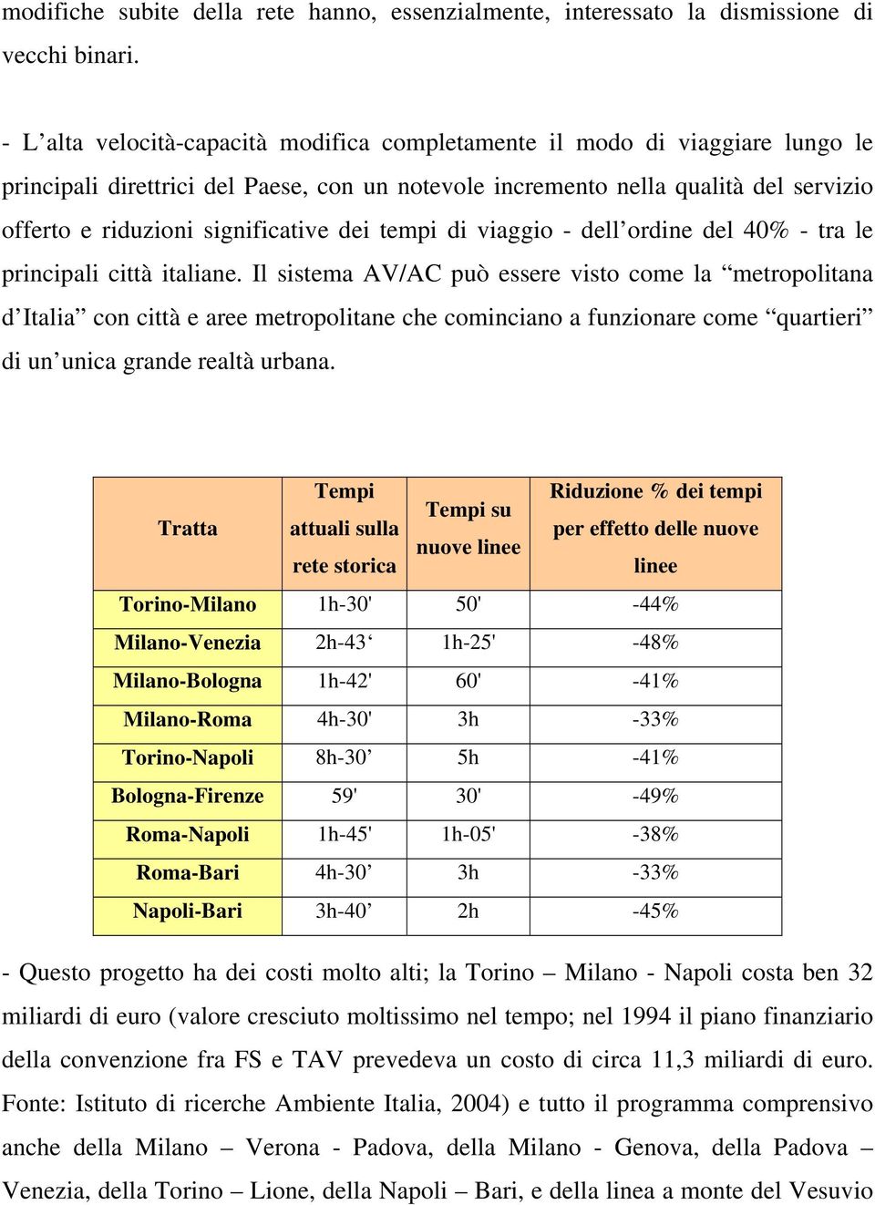 significative dei tempi di viaggio - dell ordine del 40% - tra le principali città italiane.