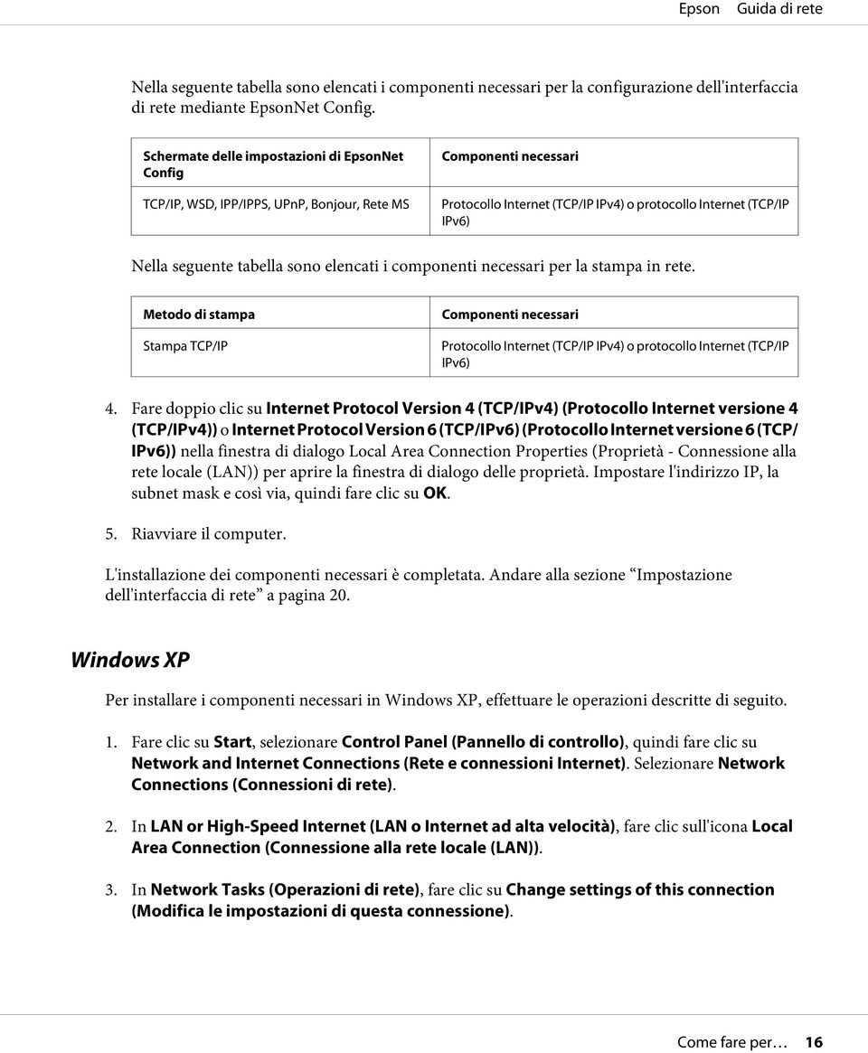 tabella sono elencati i componenti necessari per la stampa in rete. Metodo di stampa Stampa TCP/IP Componenti necessari Protocollo Internet (TCP/IP IPv4) o protocollo Internet (TCP/IP IPv6) 4.