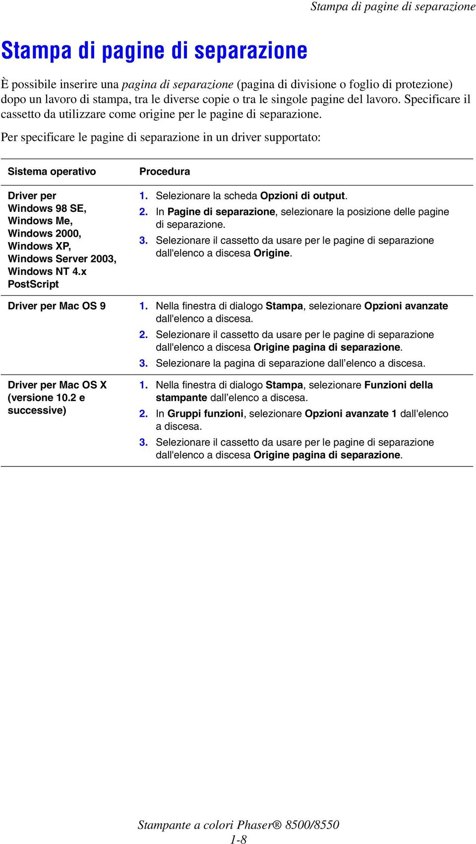 Per specificare le pagine di separazione in un driver supportato: Sistema operativo Driver per Windows 98 SE, Windows Me, Windows 2000, Windows XP, Windows Server 2003, Windows NT 4.