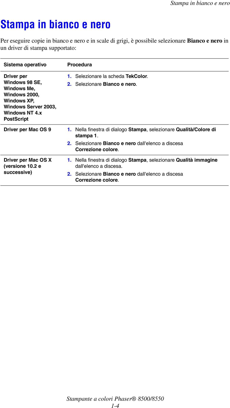 Driver per Mac OS 9 1. Nella finestra di dialogo Stampa, selezionare Qualità/Colore di stampa 1. 2. Selezionare Bianco e nero dall'elenco a discesa Correzione colore.