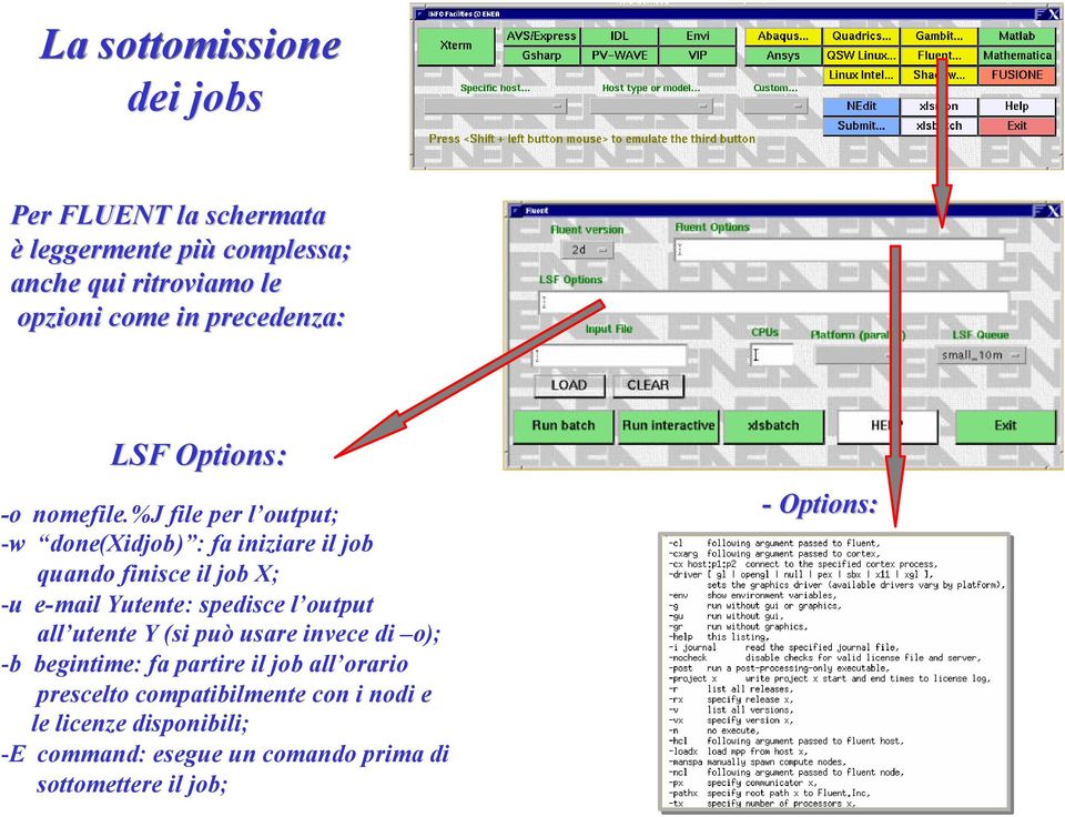 %j file per l output; -w w done(xidjob) : fa iniziare il job quando finisce il job X; -u u e-mail Yutente: spedisce l output