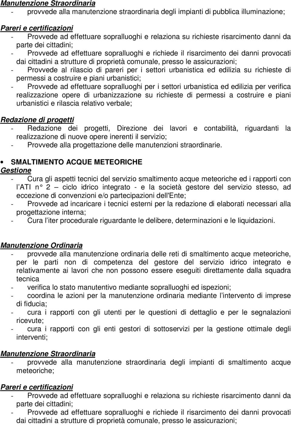 rilascio di pareri per i settori urbanistica ed edilizia su richieste di permessi a costruire e piani urbanistici; - Provvede ad effettuare sopralluoghi per i settori urbanistica ed edilizia per