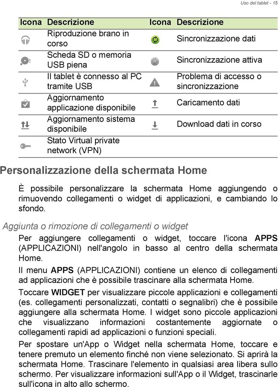 Personalizzazione della schermata Home È possibile personalizzare la schermata Home aggiungendo o rimuovendo collegamenti o widget di applicazioni, e cambiando lo sfondo.